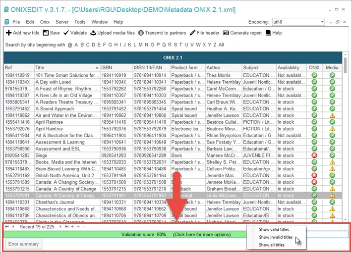 Interface de score de validation d'ONIXEDIT