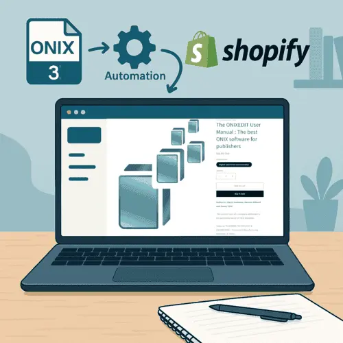 Automation workflow from ONIX 3 files to Shopify products, illustrated with a laptop displaying book data