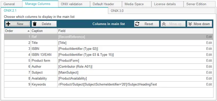 Interface des colonnes paramétrables de ONIXEDIT