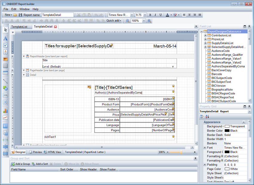 ONIXEDIT report builder interface