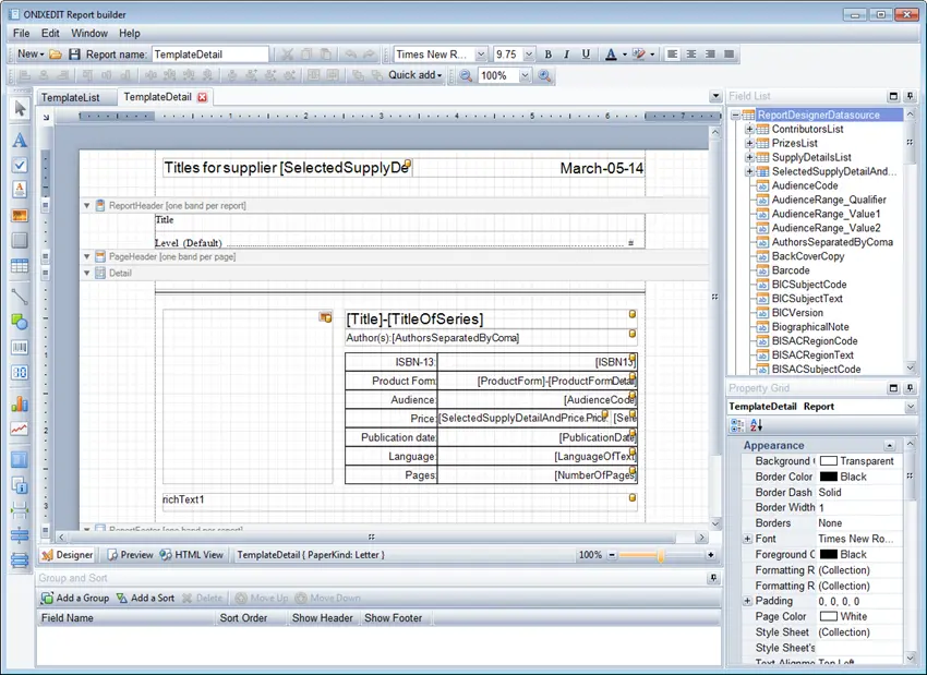 Interface du créateur de rapport d'ONIXEDIT