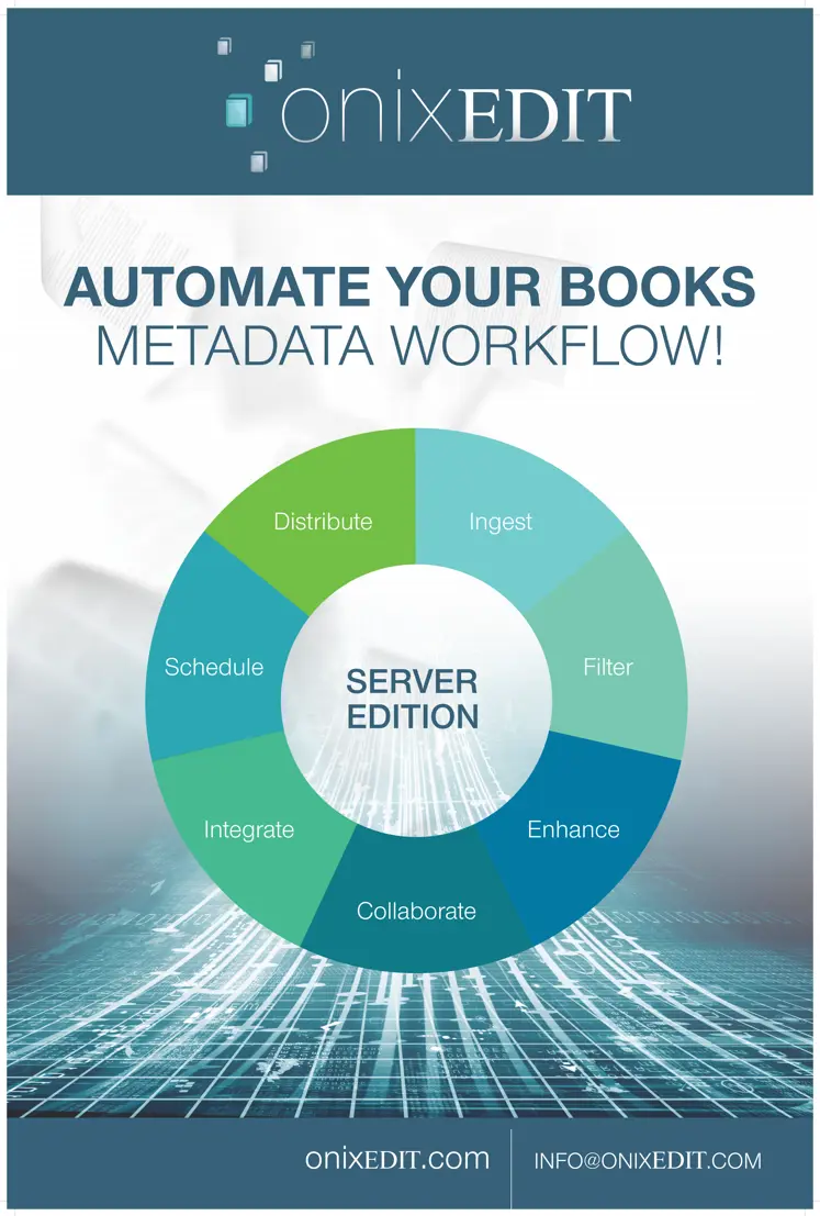 ONIXEDIT Server Edition – Automate your books metadata workflow diagram showing key stages: Ingest, Filter, Enhance, Collaborate, Integrate, Schedule, and Distribute